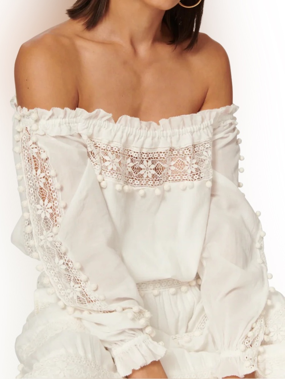 Cami NYC Franca Cropped Lace Fringe Off-Shoulder White Boho Blouse MD